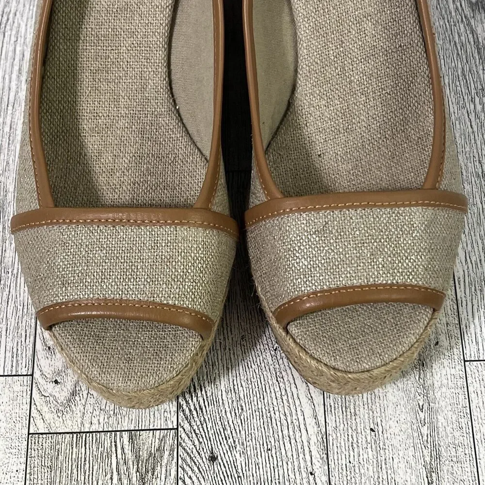Tory Burch Beige and Brown Espadrille Wedge Peep-Toe
